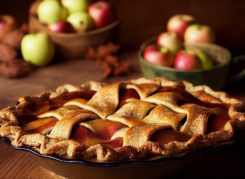 An apple pie on a table, with two bowls of apples in the background