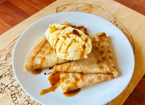 Crepes Suzette with a Maple and Orange Butterscotch Sauce and Madagascan Vanilla Ice
