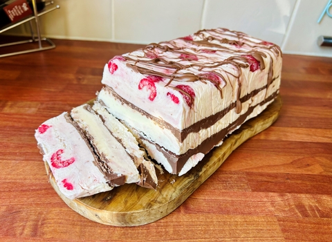 Raspberry and milk chocolate ice cream slice