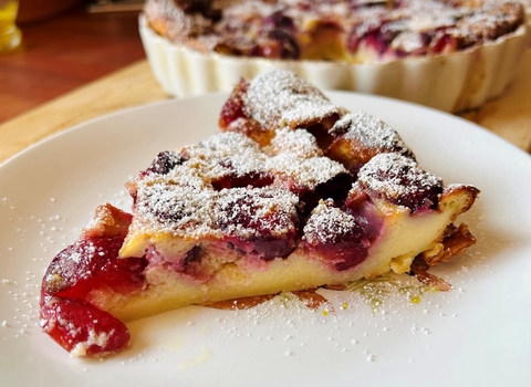 Summer cherry clafoutis pie on a plate